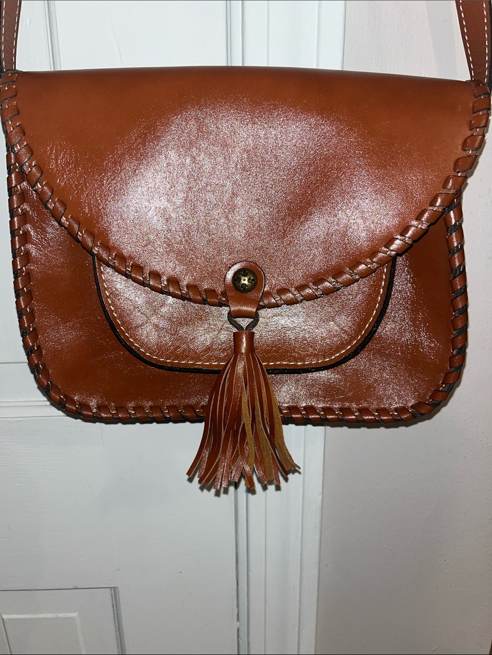 Patricia Nash Warm Cognac Leather Crossbody with Tassel Accent